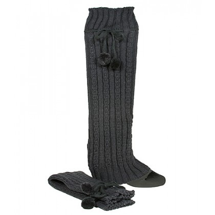 Socks/ Leg Warmers - 12 Pairs Knitted Leg Warmers w/ Drawstring Pompom - Dark Gray  - SK-F1005DGY